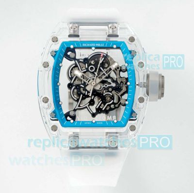 Luxury Copy Richard Mille RM 055 Bubba Watson Glass Transparent Baby Blue Bezel Watch 